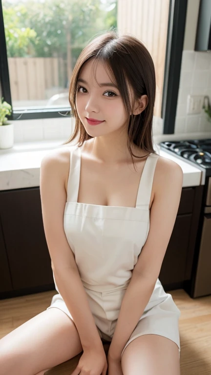 Tabletop, Highest quality, shape, Very detailed, finely, High resolution, 8K壁紙, perfection dynamic composition, finelyて美しい目, Tight Mini,Shortcuts,,Natural color lip, Random sexy poses,kitchen、20-year-old girl、cute、sexy shot looking at camera,apron,perfection, beautiful and cute face,smile、naked,nakedの胸,Pull angle of view,naked、全naked、naked,nakedの胸,Fully spread legs、全naked、RAW Photos、Photographed in natural light、Highest quality、8K、32k、masterpiece、Realistic