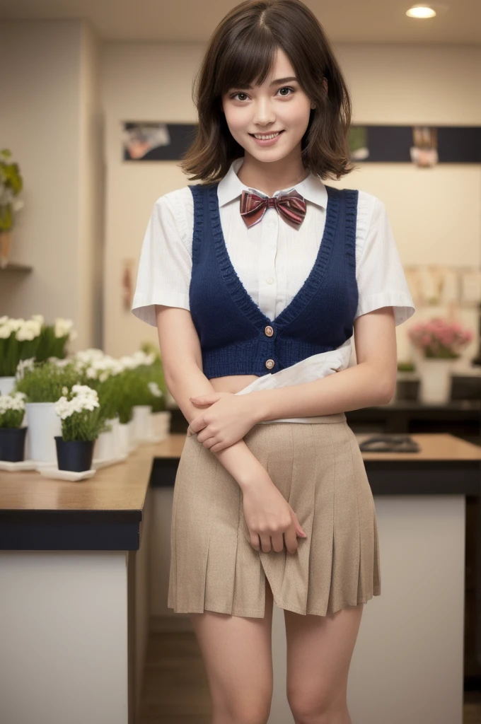 She looks like a 10 year old girl, But she'Cheerful and easy-going, And she'Busty middle school student in sports bra and tiny panties.naked
(masterpiece:1.2, Highest quality), (Realistic, photoRealistic:1.4), Beautiful illustrations, (Natural Side Lighting, Cinema Lighting), Written boundary depth,
Looking at the audience, Front view, 1 Girl, English, high school girl, 20-year-old, Perfect Face, Cute symmetrical face, Shiny skin, Leg spread,
(Bob Hair:1.7,blonde), Asymmetrical bangs, Big eyes, Droopy eyes, long eyelashes chest), thin,
Beautiful Hair, Beautiful Face, Beautiful and beautiful eyes, Beautiful clavicle, Beautiful body, Beautiful breasts, Beautiful thighs, Beautiful legs, Beautiful fingers,
((High-quality fabric, Brown knitted vest, Short sleeve white collar shirt, Navy Pleated Skirt, Navy bow tie)),
(Beautiful views), evening, (Inside the flower shop), Are standing, (smile, Superior, Open your mouth), (((Skirt flip, No pants, Genitals are visible))), Full Body Shot, Dark blue socks, Sexy Face, Inverted nipples,
