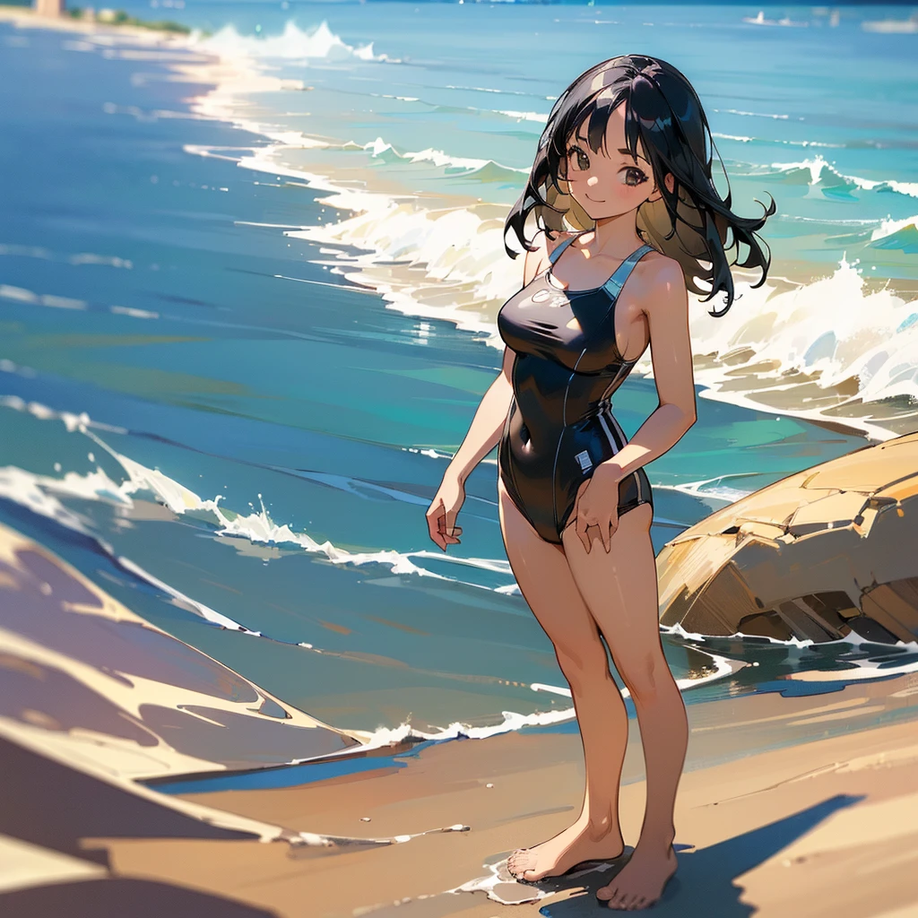 (high quality, High resolution, Very detailed, reality:1.37), Peaceful atmosphere, (Sandy Beach), Teenage girl standing alone, (my breasts are big.), Beautiful details, Cute Smile, (Black bob hair), One piece swimsuit, barefoot.