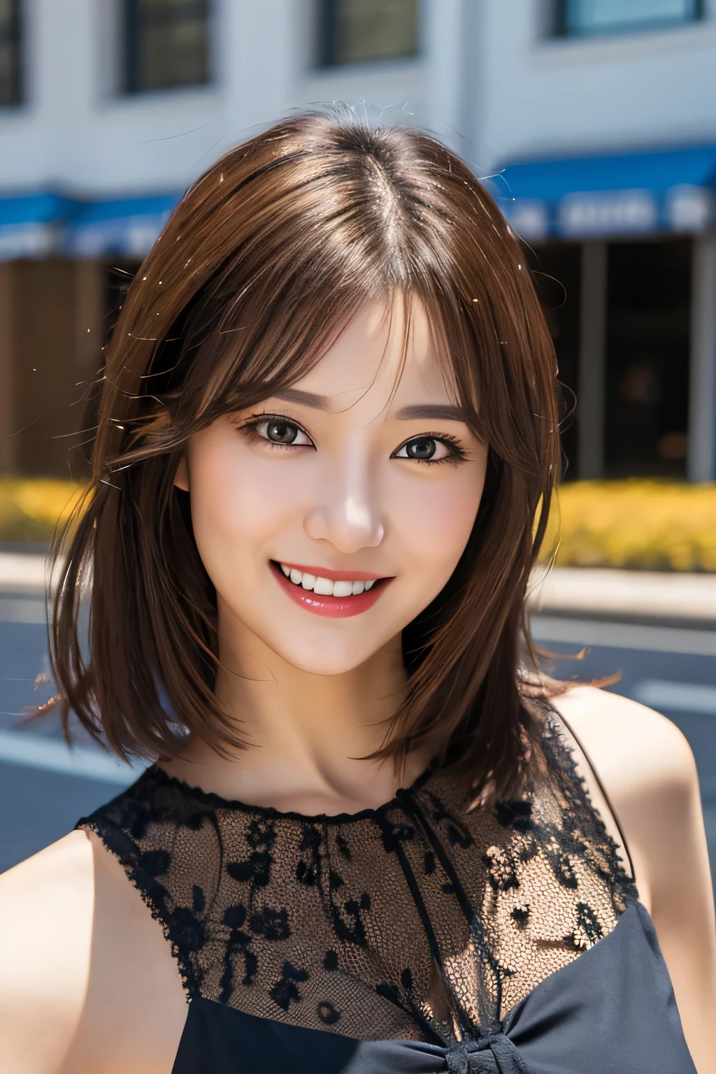 ((masterpiece)), ((Highest quality)), ((Complex)), ((Surreal)), (Realistic), (Mature Woman), ((There are no classes)), Very detailed, (1 female), Beautiful and exquisite, (Beautiful Teeth), Grin, Brunette Bob Hair, Brown eyes, ((blouse)), (Upper Body), (background:none), Perfect Eyes, Captivating eyes, Looking at the audience