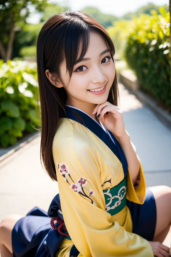 Pure young Japanese kimono girl, outstanding body, wearing traditional kimono, vivid makeup, natural black hair styles, sexual attractive, sweet smile, sitting, professional portrait photography, dazzling summer sunlight, 