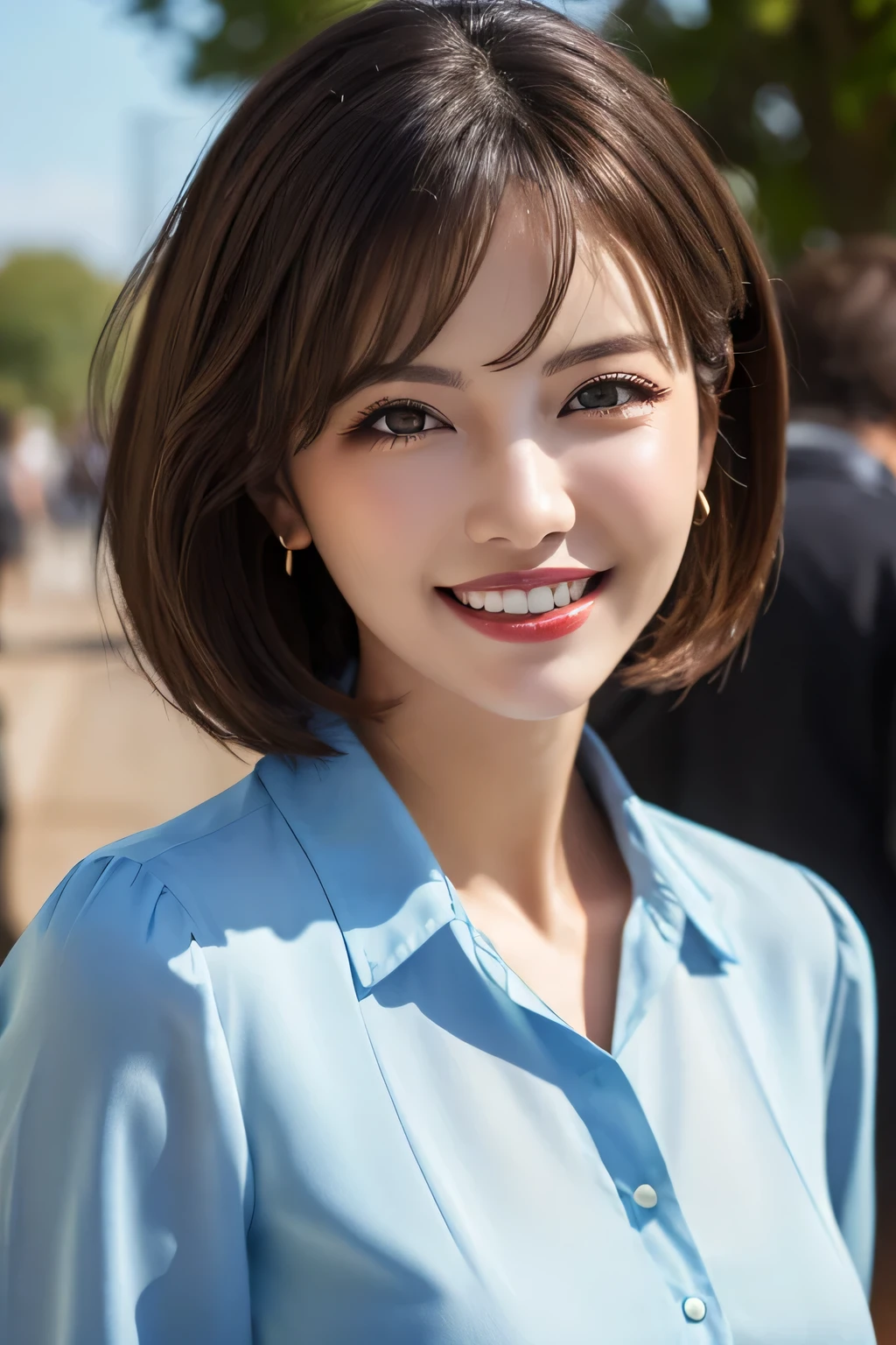 ((masterpiece)), ((Highest quality)), ((Complex)), ((Surreal)), (Realistic), (Mature Woman), ((There are no classes)), Very detailed, (1 female), Beautiful and exquisite, (Beautiful Teeth), Grin, Brunette Bob Hair, Brown eyes, ((blouse)), (Upper Body), (background:none), Perfect Eyes, Captivating eyes, Looking at the audience