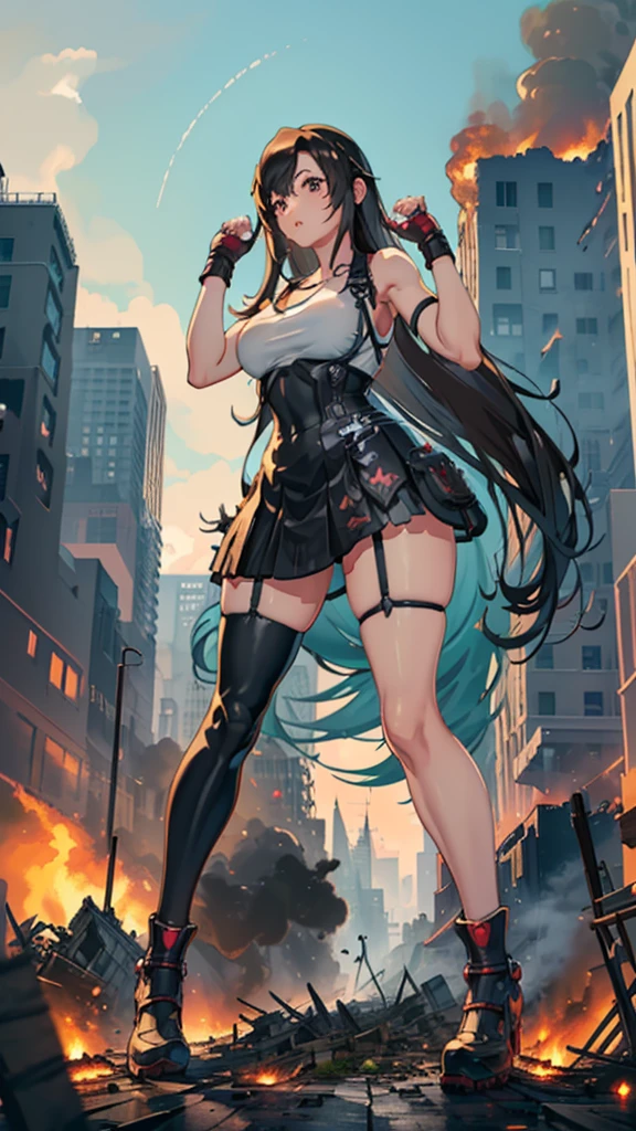 Anime Style masterpiece Unreal Engine Precision Cute Girls giant girl (Tifa Lockhart, bigger than a skyscraper)) ((Destroyed city in flames)) ((Fire)) ((Destroyed buildings)) ((Destroyed cars)) ((Pile of rubble)) ((tifa lockhart((Final Fantasy 7))))) 90's Giant Girl on the Road in the Big City Uniform Skirt ((Dim cloudy sky)) Female Giant huge girl full body Destroyed skyscrapers, destroyed cars, crowd Unreal Engine,