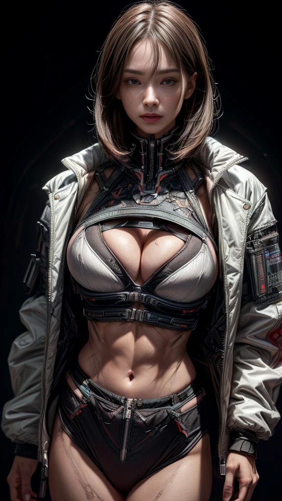 Very beautiful woman、Slender women、(Detailed face)、Realistic Skin、((Delicate photo)),(Girl Masterpiece RAW Photo Details:1.25), (Highest quality:1.6), (Ultra-high resolution:1.5), (Realistic:1.75), 8K resolution, Canon EOS R5, 50mm, Absurd, Ultra-detailed,Cinema Lighting、One girl, 白hair,((hime_cut))、Smile、 Window Shades,((White jacket)), Chest Rig, cyber punk, ((Techwear)),I can see your abs、Bra Top、(())、((The abdomen is visible))