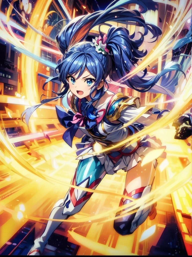 ,aikatsu,1 girls,in senki zesshou symphogear style , Blue long hair,Side Pony tail,Blue and White battle suit,BREAK,ultra-definition, high resolution, ultra-detail CG,caustics, Live stage, in front of super large vision, singing, stand microphone ,