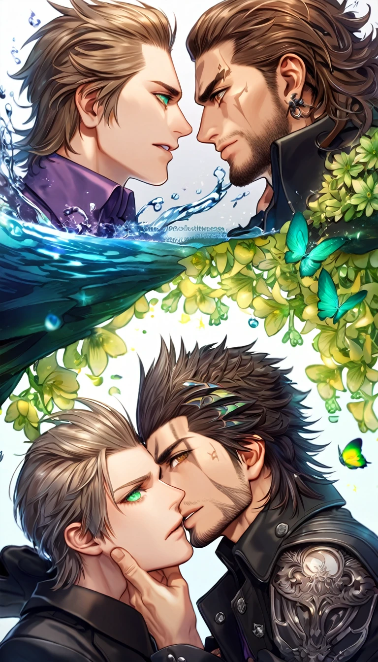 absurdres, highres, ultra detailed, HDR, master piece, best quality, extremely detailed, Ignis Scientia, brown hair, slicked up hair, expressive green eyes, Final Fantasy XV, Gladiolus Amicitia, brown hair, expressive brown eyes, two sexy men together, gay couple, yaoi, handsome, black jacket, purple shirt, black gloves, fantasy, magic, sparkling, water, moon, green flowers, green butterflies