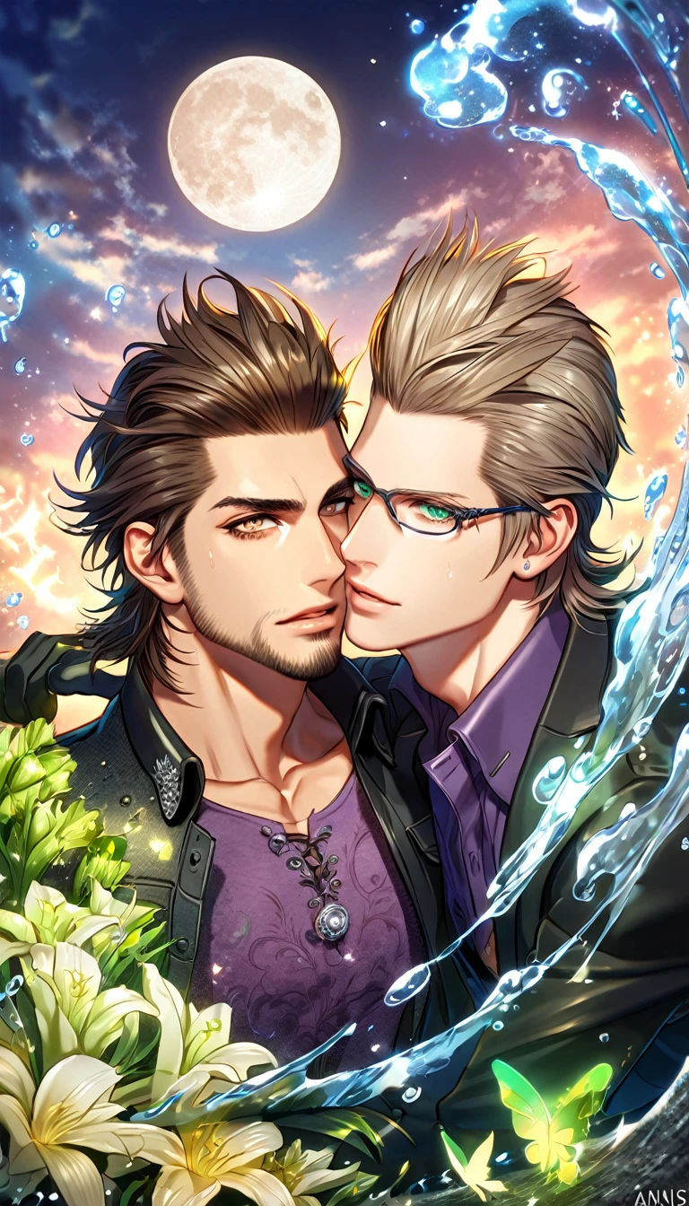 absurdres, highres, ultra detailed, HDR, master piece, best quality, extremely detailed, Ignis Scientia, brown hair, slicked up hair, expressive green eyes, Final Fantasy XV, Gladiolus Amicitia, brown hair, expressive brown eyes, two sexy men together, gay couple, yaoi, handsome, black jacket, purple shirt, black gloves, fantasy, magic, sparkling, water, moon, green flowers, green butterflies