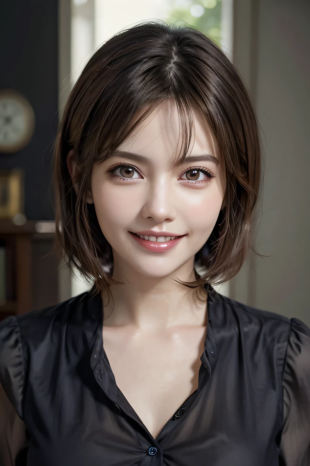 ((masterpiece)), ((Highest quality)), ((Complex)), ((Surreal)), (Realistic), (Mature Woman), ((There are no classes)), Very detailed, (1 female), Beautiful and exquisite, (Beautiful Teeth), Grin, Brunette Bob Hair, Brown eyes, ((blouse)), (Upper Body), (background:none), Perfect Eyes, Captivating eyes, Looking at the audience