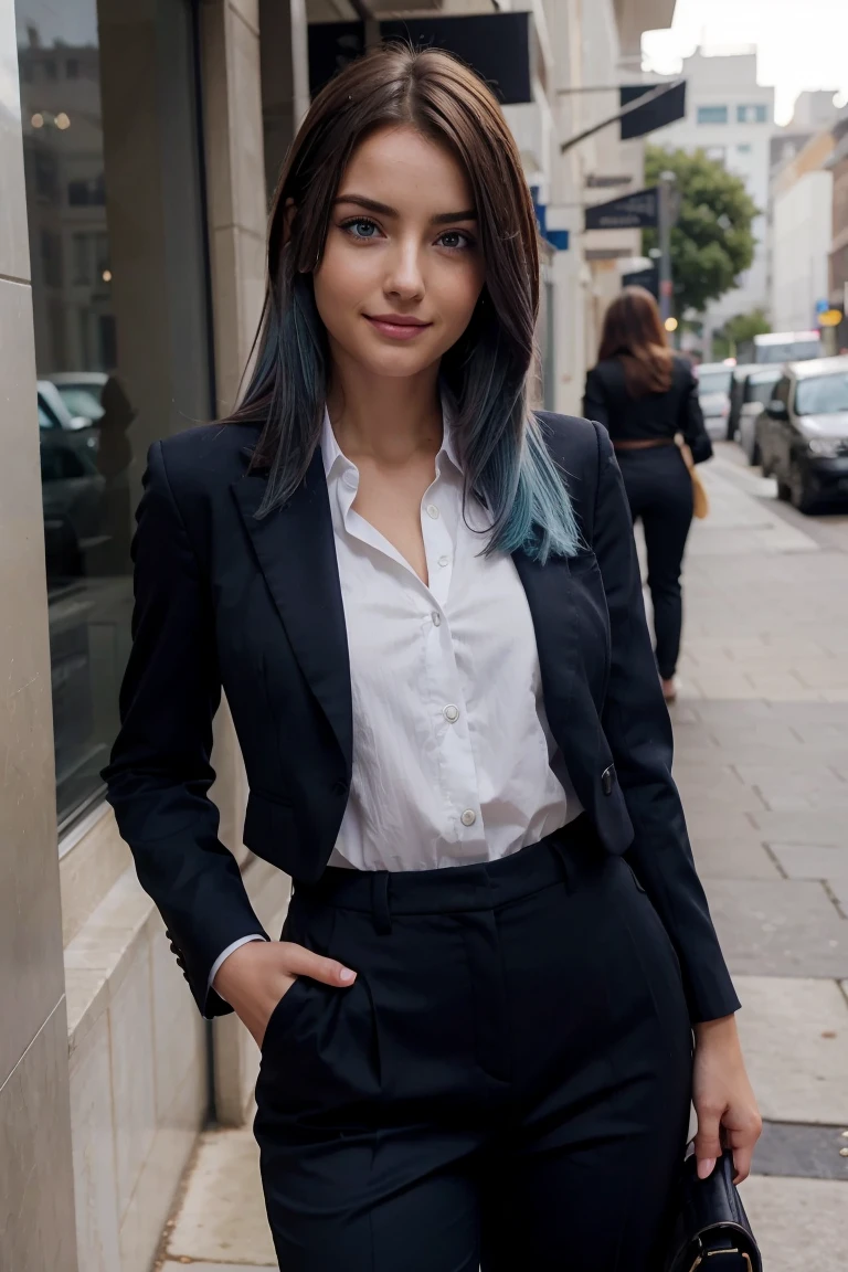confident expression with a grin, young woman, business style, trousers, hair with dark roots transitioning to blue tips, 18 years, Squint, haircut, ana de armas, Blue eyes, detailing