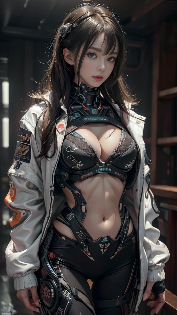 nsfw、Very beautiful woman、Slender women、(Detailed face)、Realistic Skin、((Delicate photo)),(Girl Masterpiece RAW Photo Details:1.25), (Highest quality:1.6), (Ultra-high resolution:1.5), (Realistic:1.75), 8K resolution, Canon EOS R5, 50mm, Absurd, Ultra-detailed,Cinema Lighting、One girl, 白hair,((hime_cut))、Smile、 Window Shades,((White jacket)), Chest Rig, cyber punk, ((Techwear)),I can see your abs、Bra Top、((Big Breasts))、((The abdomen is visible))
