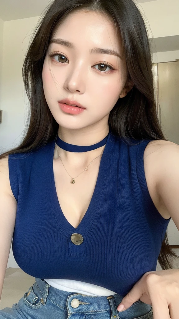 (lifelike, high resolution:1.3), 1 girl with a perfect figure, Delicate facial features,Double eyelids,Long eyelashes,The eyes are super good-looking,Wear a necklace,Long hair, Random color vest:1.2, Short jeans, Big ,Showing cleavage