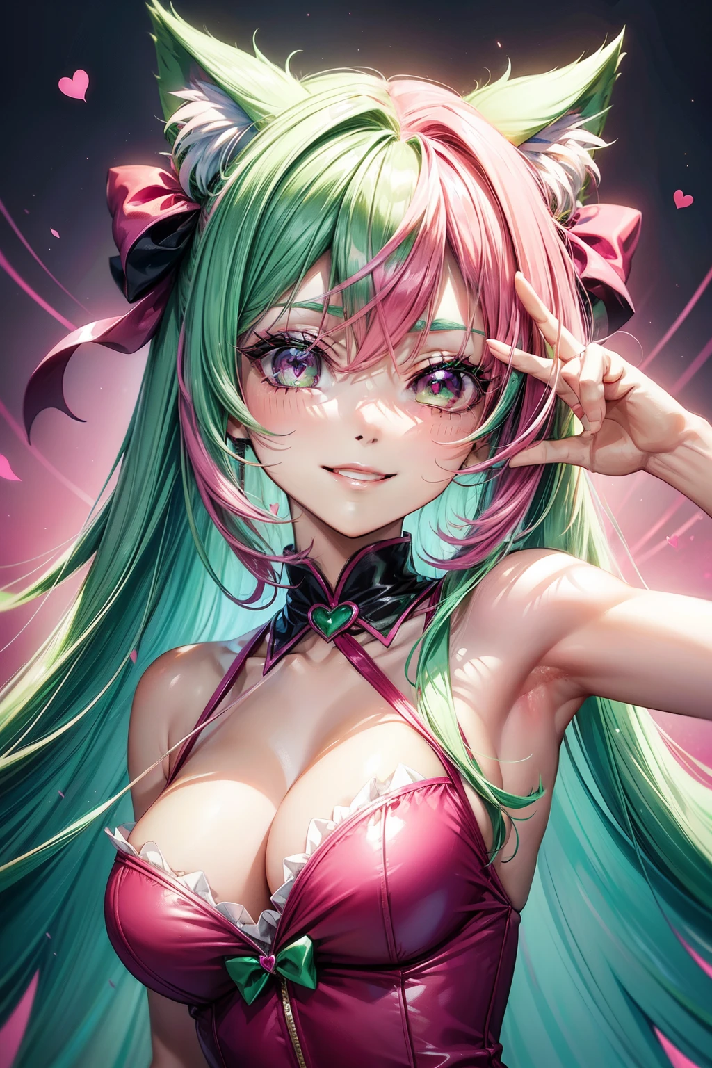 (( bright pink emerald green hair color)), pink eyes,sexy woman, cat ears, hearts, floating hearts, face only,  long hair, smiling, hair ornament, up close face, closed mouth smile, up closeface, hair bows, sexy body 