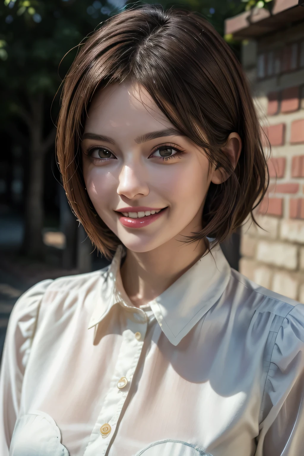 ((masterpiece)), ((Highest quality)), ((Complex)), ((Surreal)), (Realistic), (Mature Woman), ((There are no classes)), Very detailed, (1 female), Beautiful and exquisite, (Beautiful Teeth), Grin, Brunette Bob Hair, Brown eyes, ((blouse)), (Upper Body), (background:none), Perfect Eyes, Captivating eyes, Looking at the audience
