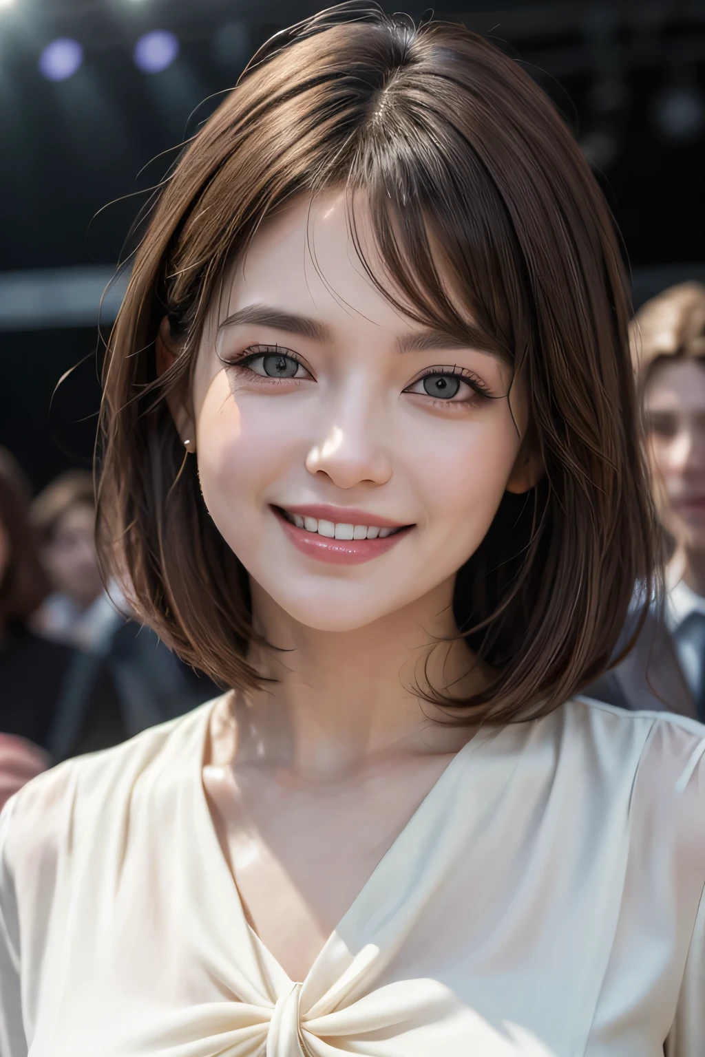 ((masterpiece)), ((Highest quality)), ((Complex)), ((Surreal)), (Realistic), (Mature Woman), ((There are no classes)), Very detailed, (1 female), Beautiful and exquisite, (Beautiful Teeth), Grin, Brunette Bob Hair, Brown eyes, ((blouse)), (Upper Body), (background:none), Perfect Eyes, Captivating eyes, Looking at the audience