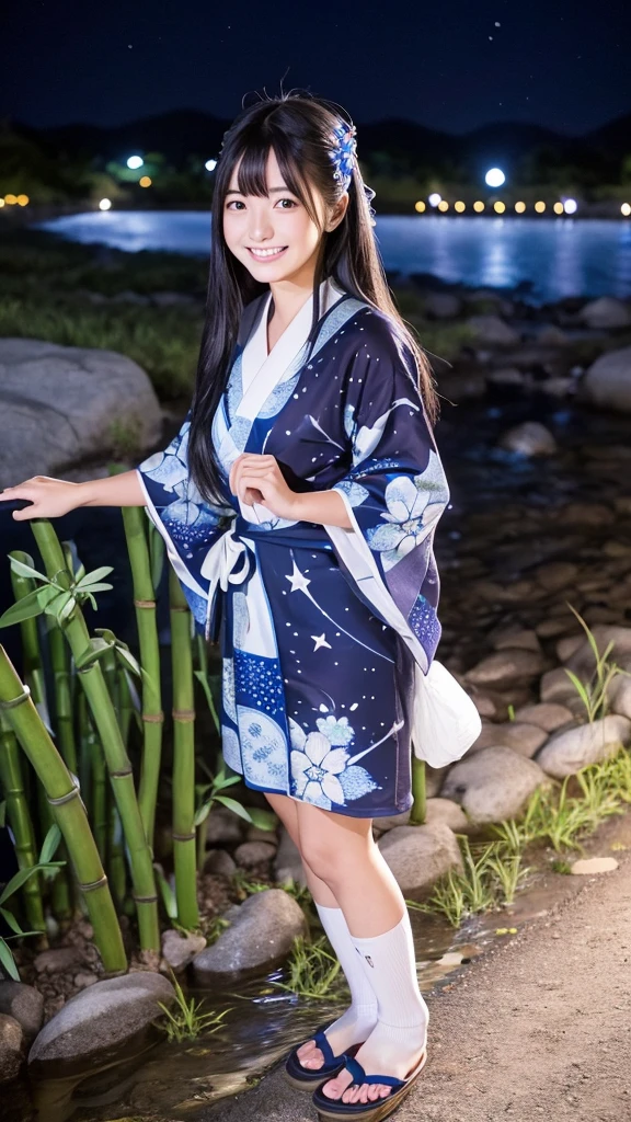 Japanese high school girl smiling young face long black hair straight long black hair blue and white floral yukata tabi socks geta starry night full moon night bamboo lined road tanzaku tanabata standing in front of the riverbed clear stream milky way starry night full moon night