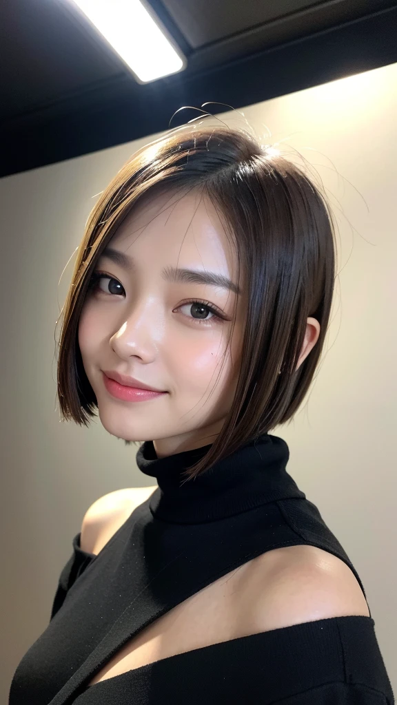 (((Close-up of face)))、(((Absolutely shoulder-length brown straight short bob)))、(((She is posing like a hair salon model, with a black wall indoors as the background.)))、(((Casual black winter long sleeves with shoulders covered)))、Half Japanese, half Korean、18 year old girl、Standing Alone、Looking forward、Light eye makeup、Brown Hair Color、Flat and 、Hair blowing in the wind、Actress Quality、Glossy, ultra-realistic face、Smiling face、Watery eyes、Gazing Up、Subtle lighting effects、 Ultra-Realistic Capture、Very detailed、High resolution 16K close up of human skin。Skin texture must be natural、The details must be such that pores can be clearly seen、The skin is healthy、Uniform tone、Use natural light and colors、A worn-out, high-quality photo taken by a model agency&#39;s in-house photographer.、smile、(((SIGMA 300 mm F/1.4,1/1000 sec shutter,ISO 400))) 