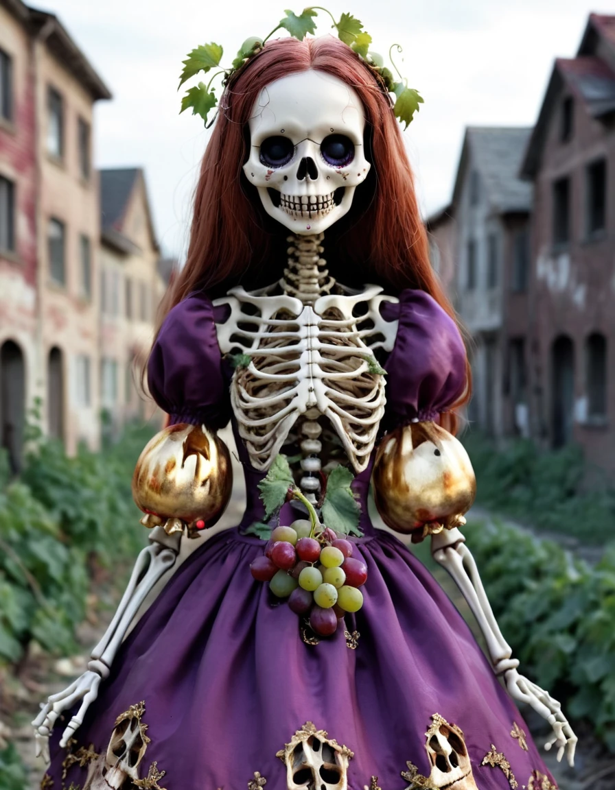 Deceptive Charm Portrait Virtual Vine Horrifying Howl, Wearing grapes, cherry, Berry, Creepy Doll Dress, In the wind that screams through the ribs of a skeleton、A heavenly city with golden streets, Stitched meat, Flickering flames in the distance, Sparkling Magic Ghost