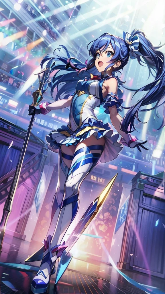 ,aikatsu,1 girls,in senki zesshou symphogear style , Blue long hair,Side Pony tail,Blue and White battle suit,BREAK,ultra-definition, high resolution, ultra-detail CG,caustics, Live stage, in front of super large vision, singing, stand blade ,