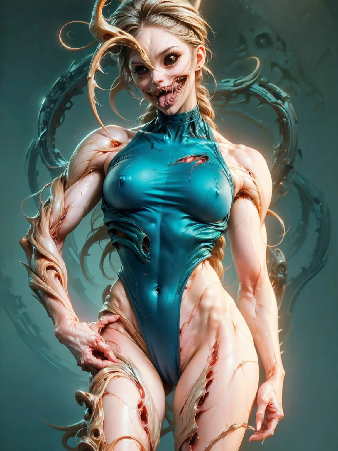 Megan fox as armored carnage, (red carnage skinless muscular bio-mecha armor:1.25), (mouth wide open, carnage style:1.25), (full body view:1.25), Realistic, Very detailed face and eyes, (masterpiece:1.1), (beautiful girl face:1.45)