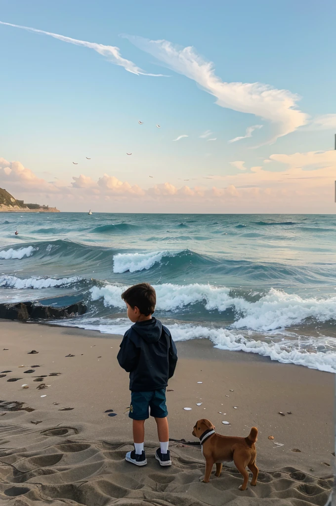 illustration of a kid at the sea in a place with a dog