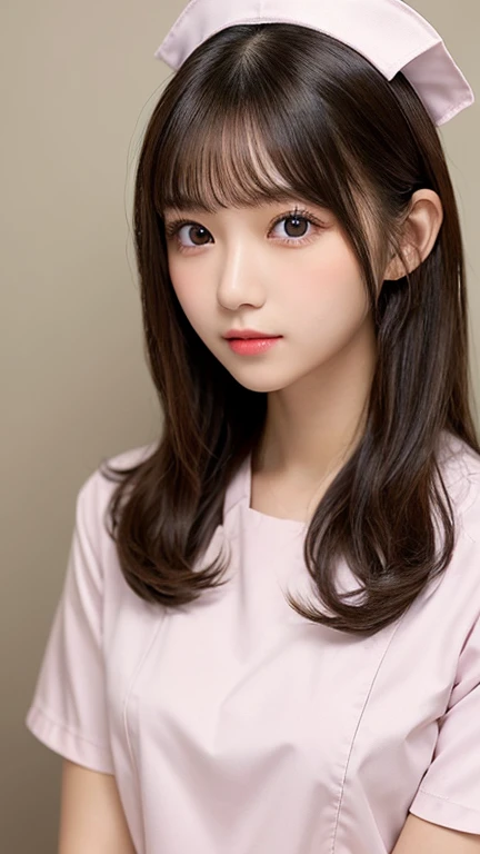 Tabletop, Highest quality, One Girl, (beautiful girl:1.3), (18-year-old:1.3), Very good vision, (Symmetrical eyes:1.3), (Nurse Costume:1.2), Beautiful breasts, Brown eyes, Parted bangs, Brown Hair