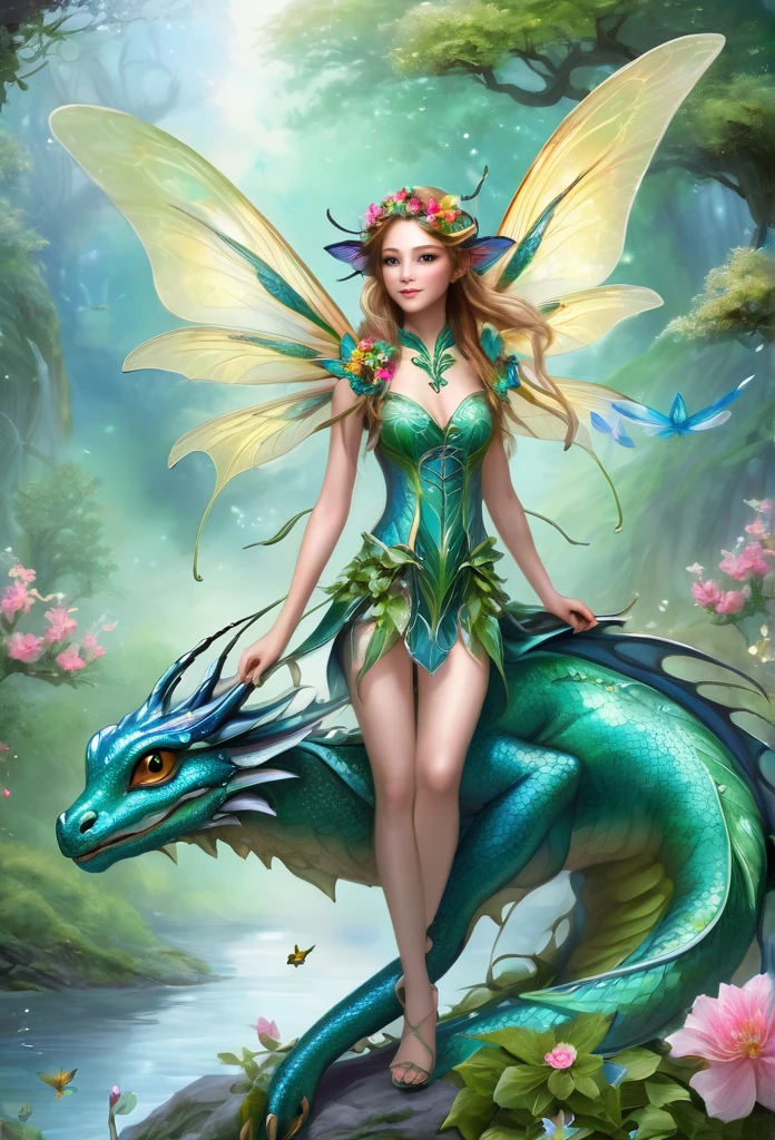 faerie,(full body),elf ears,dragonfly wings, ,hair decorated with flowers, Branches and Leaves, she's ridin on a beautiful dragon,around a scene of magic,,a bit of mist(high qualiy),(refined details),(work of art)(monet style)