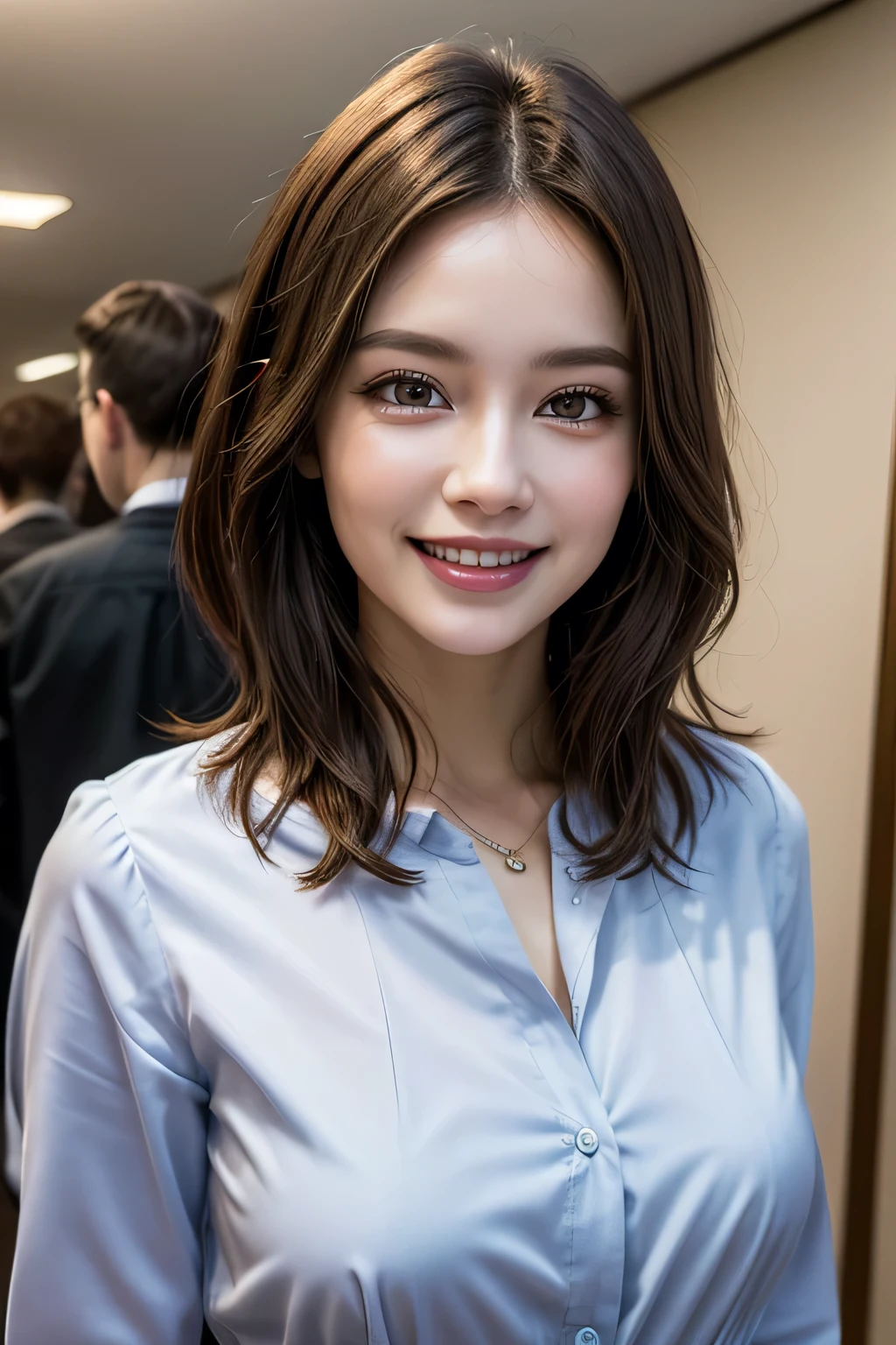 ((masterpiece)), ((Highest quality)), ((Complex)), ((Surreal)), (Realistic), (Mature Woman), ((There are no classes)), Very detailed, (1 female), Beautiful and exquisite, (Beautiful Teeth), Grin, Brunette Bob Hair, Brown eyes, ((blouse)), (Upper Body), (background:none), Perfect Eyes, Captivating eyes, Looking at the audience