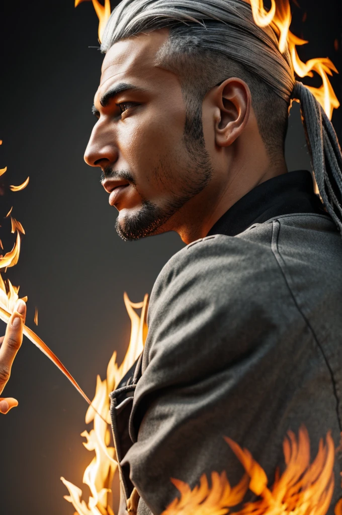 Gray man with short hair, in profile with his mouth open and shooting fire out of his mouth