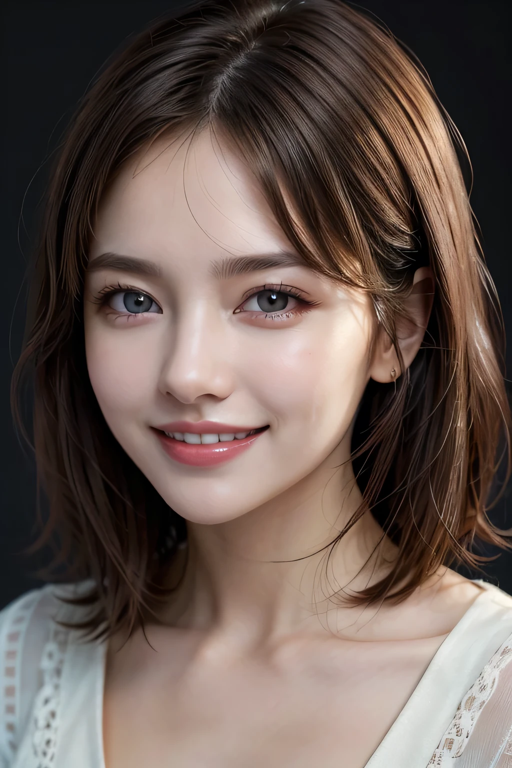 ((masterpiece)), ((Highest quality)), ((Complex)), ((Surreal)), (Realistic), (Mature Woman), ((There are no classes)), Very detailed, (1 female), Beautiful and exquisite, (Beautiful Teeth), Grin, Brunette Bob Hair, Brown eyes, ((blouse)), (Upper Body), (background:none), Perfect Eyes, Captivating eyes, Looking at the audience
