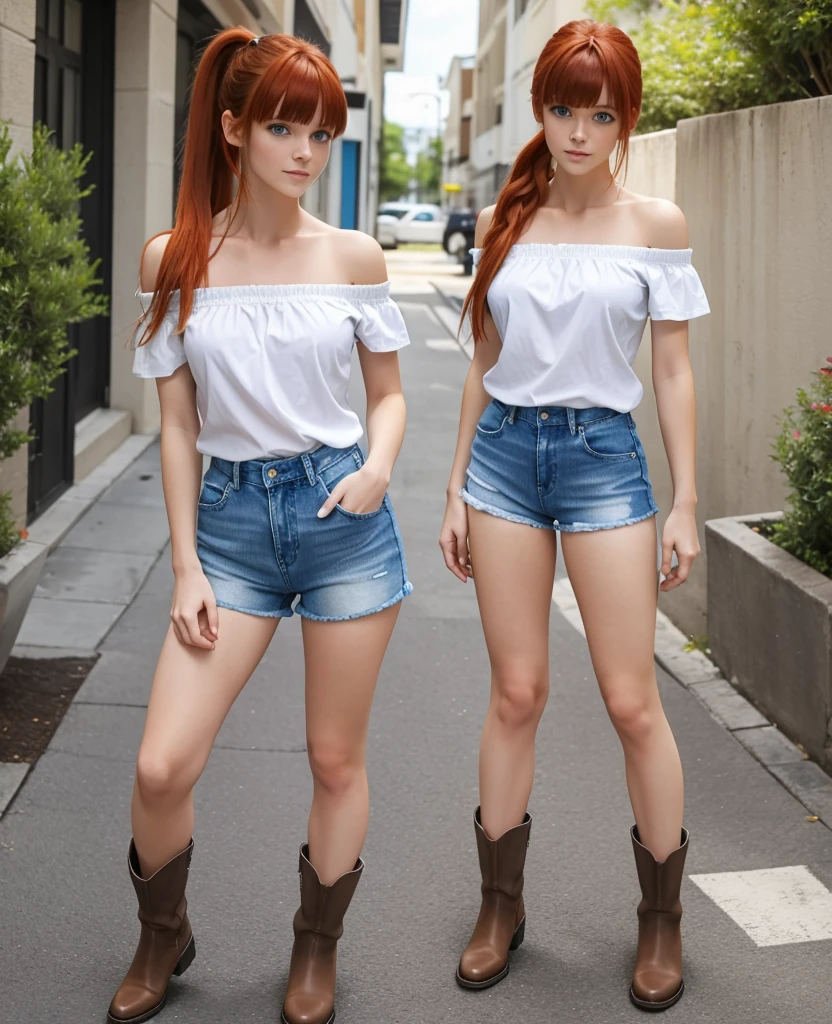 sexy young girl, long haired redhead with blue eyes, Short white off-the-shoulder shirt, bright blue short jean shorts, short brown boots with white, standing, recharged,  face with bangs and hair with a ponytail
