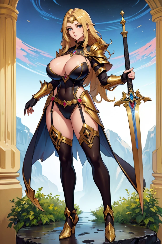 (masterpiece, best quality, high resolution, ((full body, standing,))((huge breasts)), , beautiful woman, great-looking golden super fantasy armor with a full body, ultra fantasy sword in her hands,
,full body