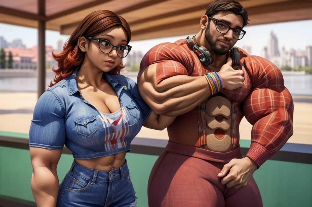 male Nino Lahiffe: Brown skin, dark hair, usually seen wearing a red cap, glasses,underwear, and a female Alya Césaire: Brown skin, curly dark brown hair, often wears glasses,bikini,muscular hyper-realistic bodybuilding couple, extremely detailed and muscular male and female bodybuilders, shredded physiques, highly defined abs, veins, bulging muscles, flexing, intense facial expressions, outdoor natural setting, dramatic lighting, cinematic composition, photorealistic, trending on artstation, 8k, high resolution, hyper-detailed