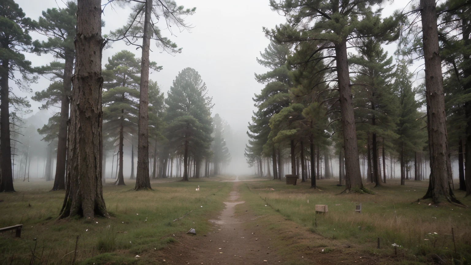((best quality)), ((masterpiece)), (detailed), pine woods, fog