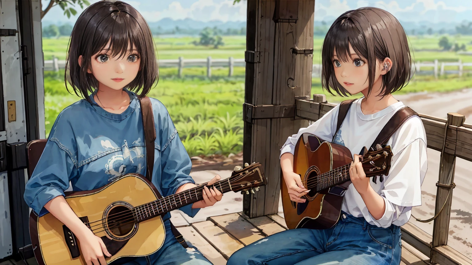 On a rural road in Southeast Asia、A woman standing and singing enthusiastically while playing a brown acoustic guitar、Hairstyle: Short bob cut、Dressed in whiteTShirt and jeans、Very dynamic Bose