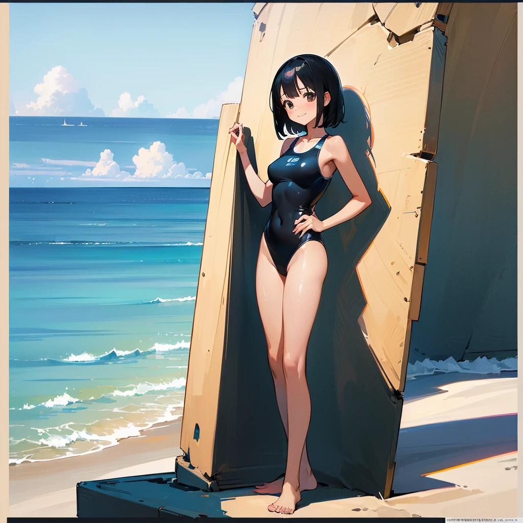 (high quality, High resolution, Very detailed, reality:1.37), Peaceful atmosphere, (Sandy Beach),  girl standing alone, (my breasts are big.), Beautiful details, Cute Smile, (Black bob hair), One piece swimsuit, barefoot.