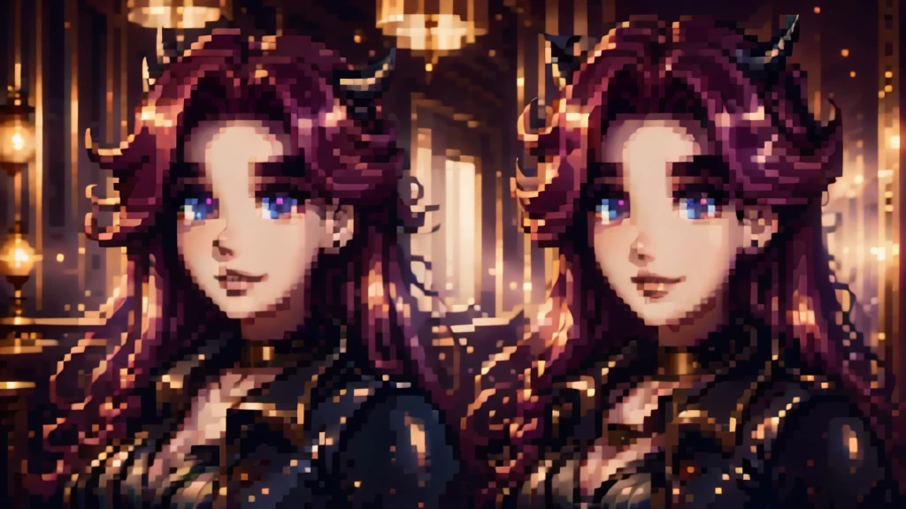 4k, 8k, masterpiece, best quality, upper body, 1girl, looking at viewer, red hair, medium hair, purple eyes, demon horns, black coat, indoors, dimly lit, the age of the actress is 23 years old, open bust