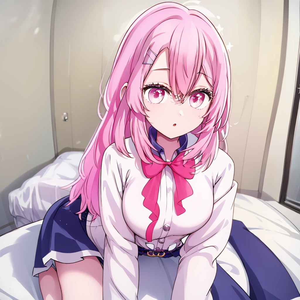 A beautiful young girl from the anime Oshi no Ko universe, 14 years old, she have long wavy pink hair with purple eyes with star in her pupils she wear casual clothes sweater too long for her, skirt and stocking, she sit on her bed in her bedroom in front of us