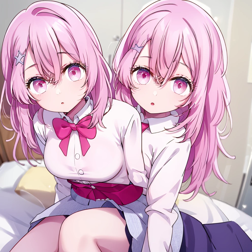 (Highest quality), (masterpiece), highly detailed, highly detailed face, 2girls, side by side, Two girls with pink hair and uniforms, A uniform consisting of a white shirt, a tight yellow knit vest, white garter socks, and a grey mini pleated skirt., Nino with short straight hair is asleep in bed with his eyes closed, and next to him is Ichika with very short hair lying on her back with her skirt flipped up and having sex with me in the missionary position, unaware that I am being inseminated., whole body, She has a full head of pubic hair, Beautiful Vagina, A lot of clear love juice was spilling out from the gap between her vagina and my penis inserted in her vagina., A small cross-section of a uterus with a penis expelling semen in the background, Sleeping soundly with both eyes closed,