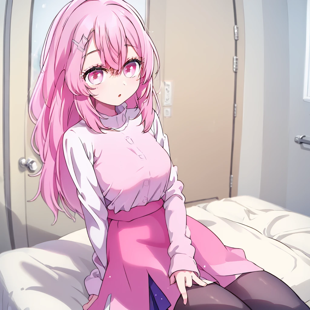 A beautiful young girl from the anime Oshi no Ko universe, 14 years old, she have long wavy pink hair with purple eyes with star in her pupils she wear casual clothes sweater too long for her, skirt and stocking, she sit on her bed in her bedroom in front of us