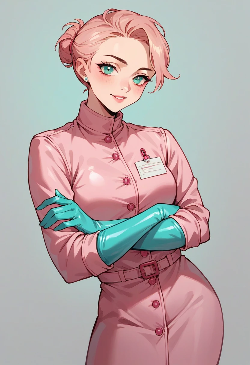 1girl, ((cyan elbow gloves)), ((surgical gloves)), ((latex gloves)), ((long sleeves)) ((pink surgeon outfit)), looking at viewer, ((pink doctor outfit)), standing, solo