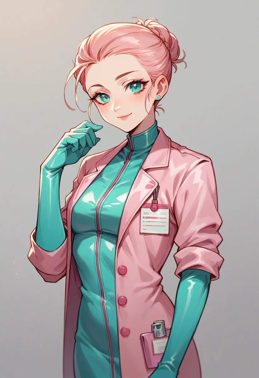 1girl, ((cyan elbow gloves)), ((surgical gloves)), ((latex gloves)), ((long sleeves)) ((pink surgeon outfit)), looking at viewer, ((pink doctor outfit)), standing, solo