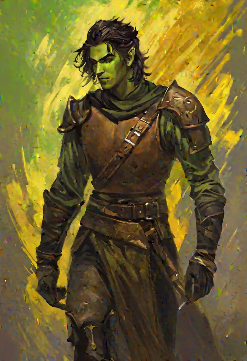 digitalpainting, pictorial \(styled\), male rogue from the Elder Scrolls series, short dark hair, golden eye, Light green skin, brown leather armor, without shoulder pad, black leather boot, Dynamic shading, expressive brushstrokes, oil on canvas, extremely detaild, light and dark colors