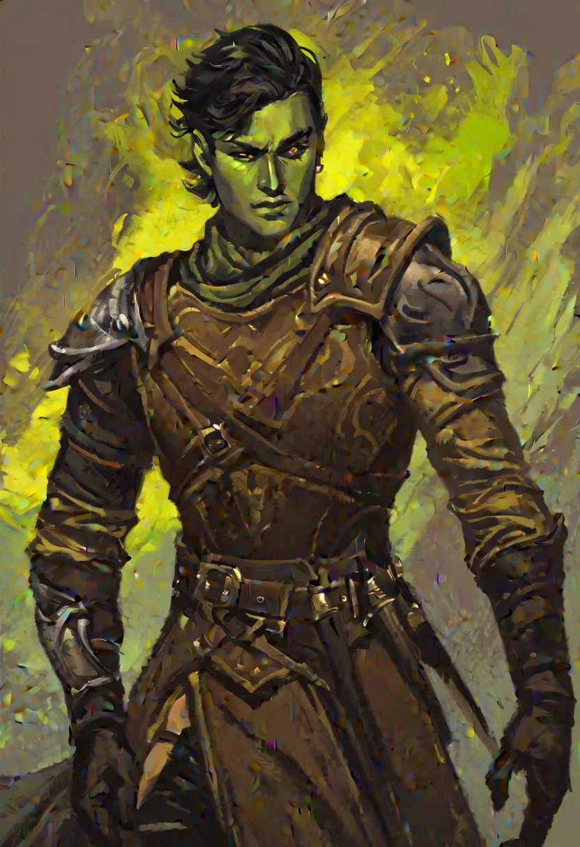 digitalpainting, pictorial \(styled\), male rogue from the Elder Scrolls series, short dark hair, golden eye, Light green skin, brown leather armor, without shoulder pad, black leather boot, Dynamic shading, expressive brushstrokes, oil on canvas, extremely detaild, light and dark colors