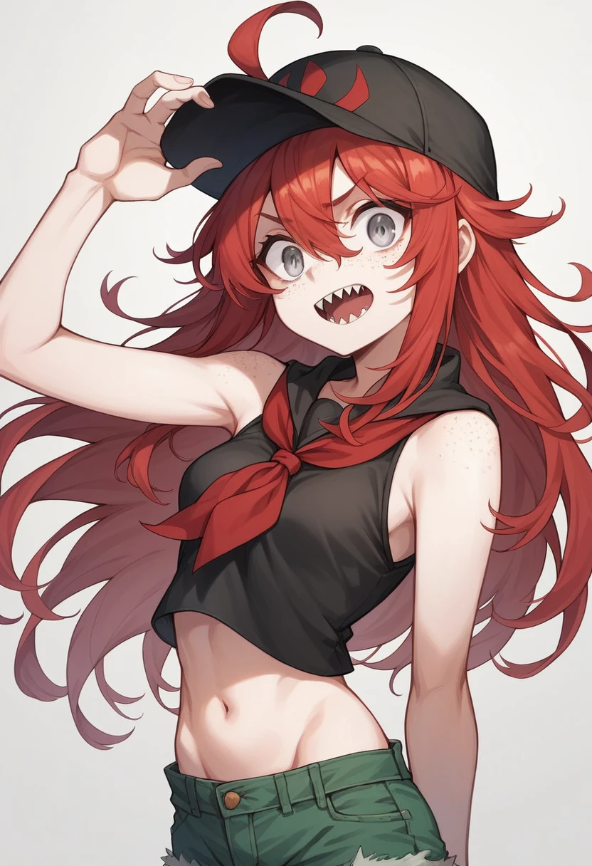 best quality, masterpiece, super high resolution, perfect anatomy, 1girl, red hair, long hair, hair between eyes, long bangs, double-parted_bangs, spiky hair, ahoge, silver eyes, eyes_visible_through_hair, small breasts, sharp teeth, freckles, wide eyed, pale skin, 23 years old, sleeveless top, black top, crop top, Denim shorts, green shorts, red neckerchief, baseball cap, incredibly absurdres,