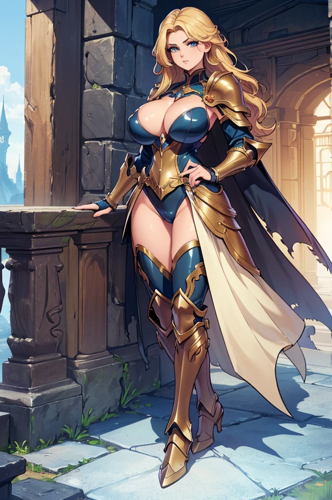 (masterpiece, best quality, high resolution, ((full body, standing,))((huge breasts)), , 1 beautiful woman, large fantasy armor shoulder pads, arm protectors, long boots, armor, fantasy breastplate, full body, you are in fantasy hands,
,full body