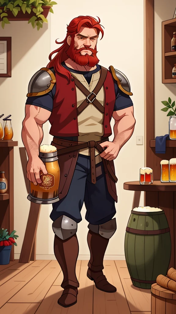 Ingólfr Einarr is a 40-year-old red-haired Viking man with a full beard, outgoing, muscular and very attractive, who wears his imposing medieval armor. hyper detailed and super realistic. cartoon style. Ingólfr Einarr is holding a beer mug high, extending his arm