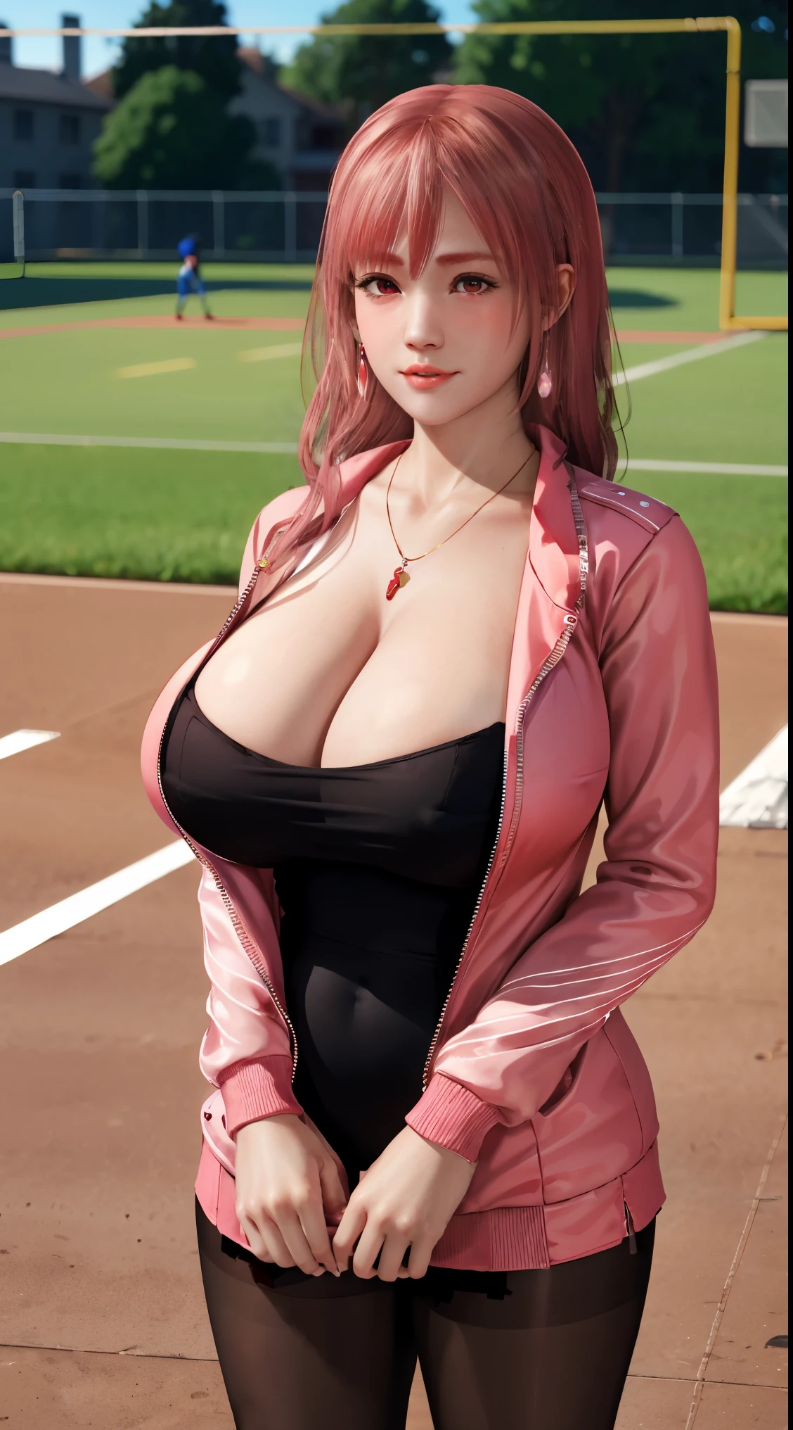 Honoka, sports服装，miniskirt,   university student，Pink Hair，Huge breasts，Cleavage，Low-cut，pantyhose，cute，necklace，earrings，Red lips，shy，sports装，Gym suit，physical education馆，sports场，physical education，sports，football field，Baseball uniform