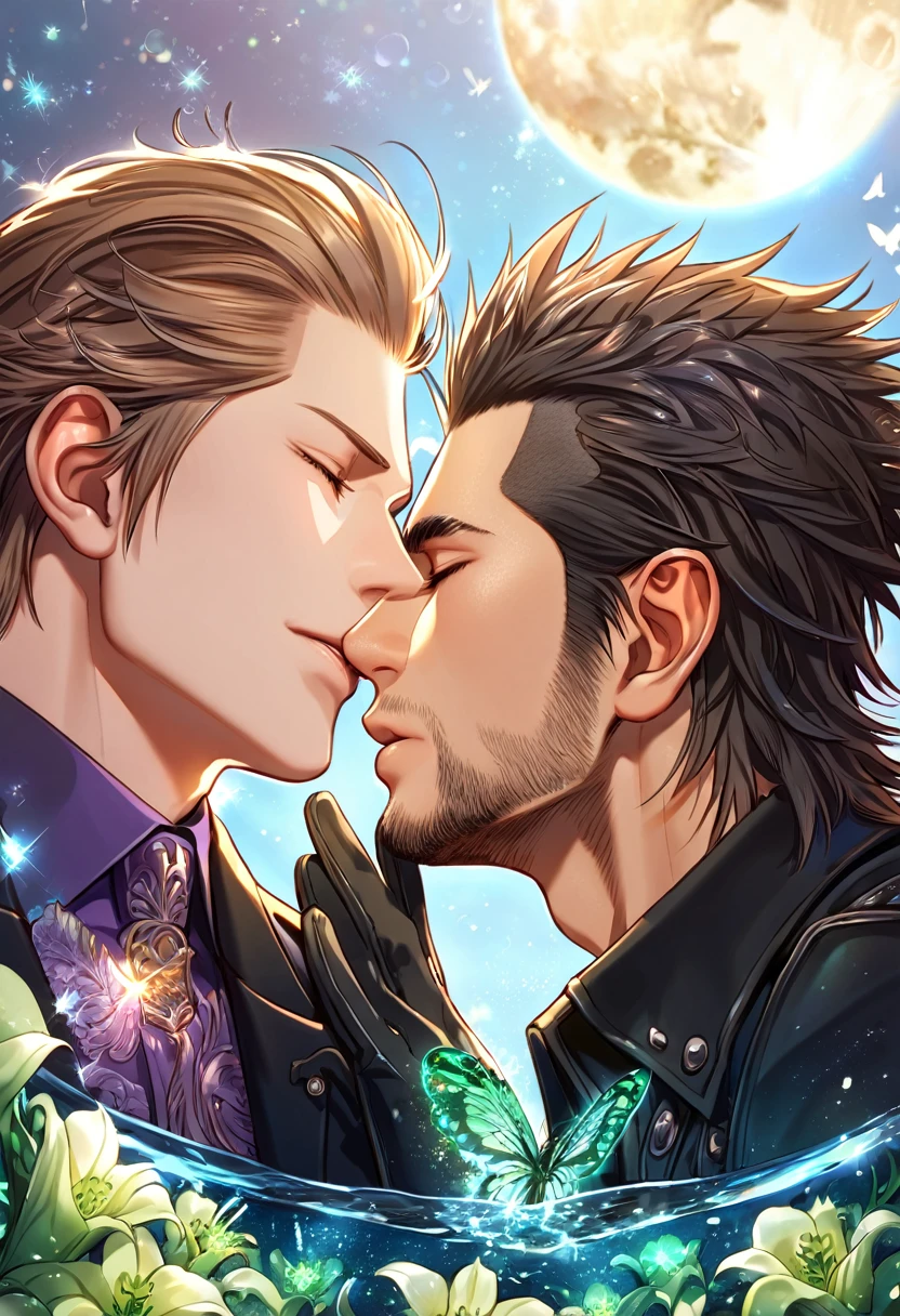 absurdres, highres, ultra detailed, HDR, master piece, best quality, extremely detailed, Ignis Scientia, brown hair, slicked up hair, closed eyes, Final Fantasy XV, Gladiolus Amicitia, brown hair, closed eyes, two sexy men kissing, gay couple, yaoi, handsome, black jacket, purple shirt, black gloves, fantasy, magic, sparkling, water, moon, green flowers, green butterflies