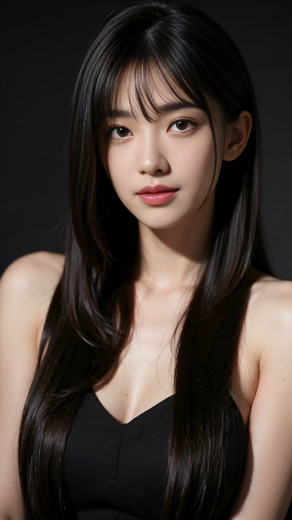 (surreal), (figure), (Improved resolution), (8K), (very detailed), (Best figure), (beautiful and detailed eyes), (highest quality), (super detailed), (masterpiece ), ( wallpaper), (detailed face), alone, 1 girl, looking at the viewer, small details, in the dark, deep shadow, discreet key, Pure erotic face ace_V1, smile, long straight hair, black shawl , 46 point diagonal bangs,plump breasts