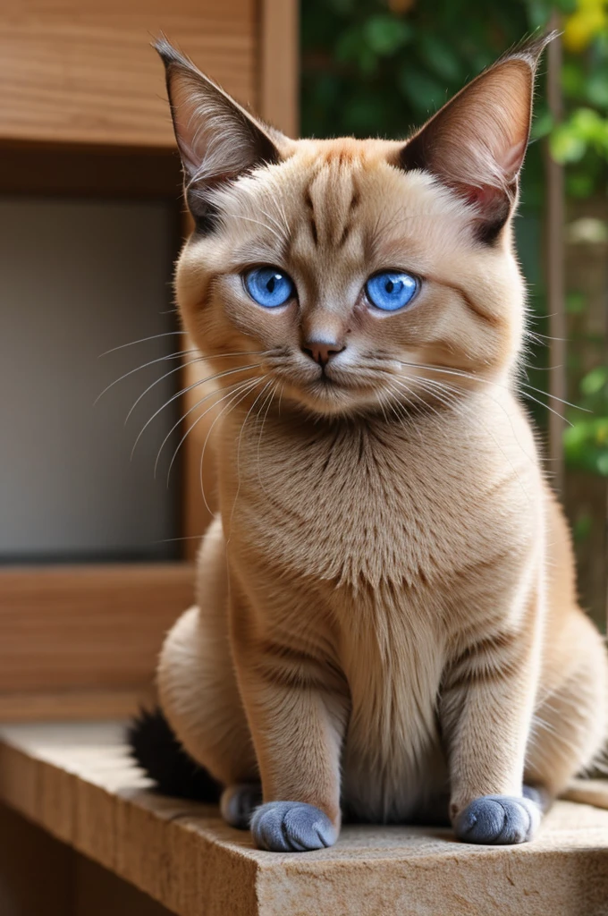 A kemono siamese cat with blue eyes doing the love and peace gesture smiling